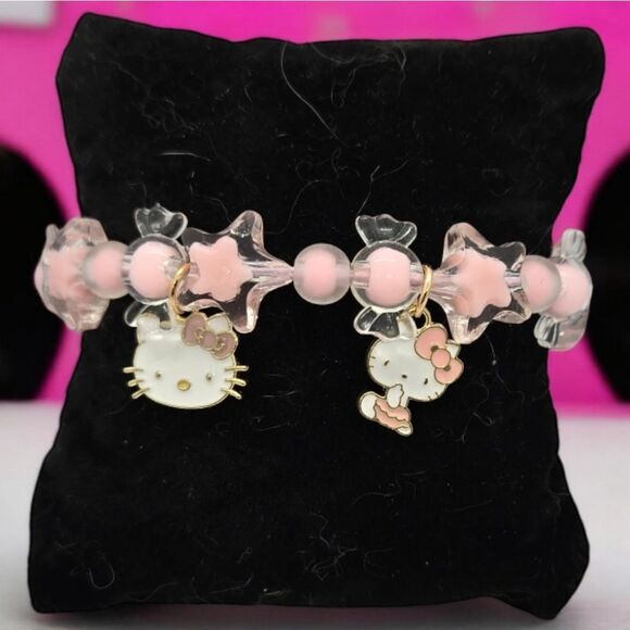 Hello Kitty Pink Resin Beaded Charm Bracelet Pendant Cat Stretchy Band Jewelry - Picture 1 of 4